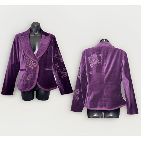 NWOT Focus 2000 Size 6 Purple Velvet Blazer Jacket Embroider Lash Fringe Pocket - Picture 1 of 10